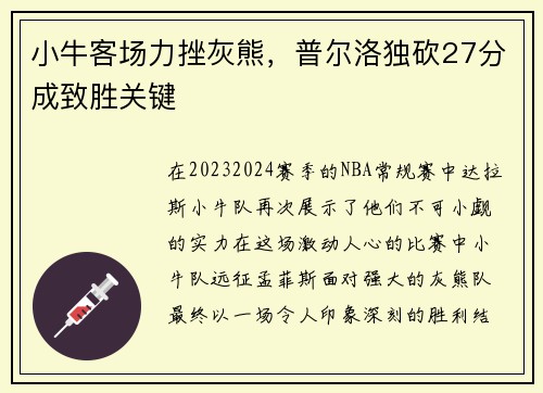 小牛客场力挫灰熊，普尔洛独砍27分成致胜关键