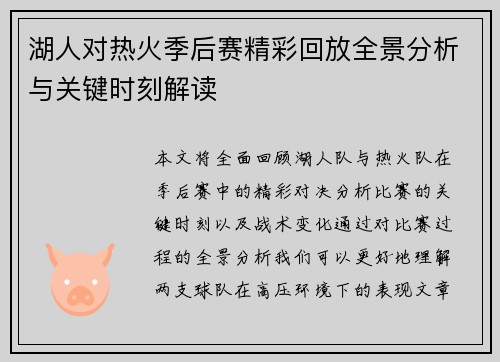 湖人对热火季后赛精彩回放全景分析与关键时刻解读